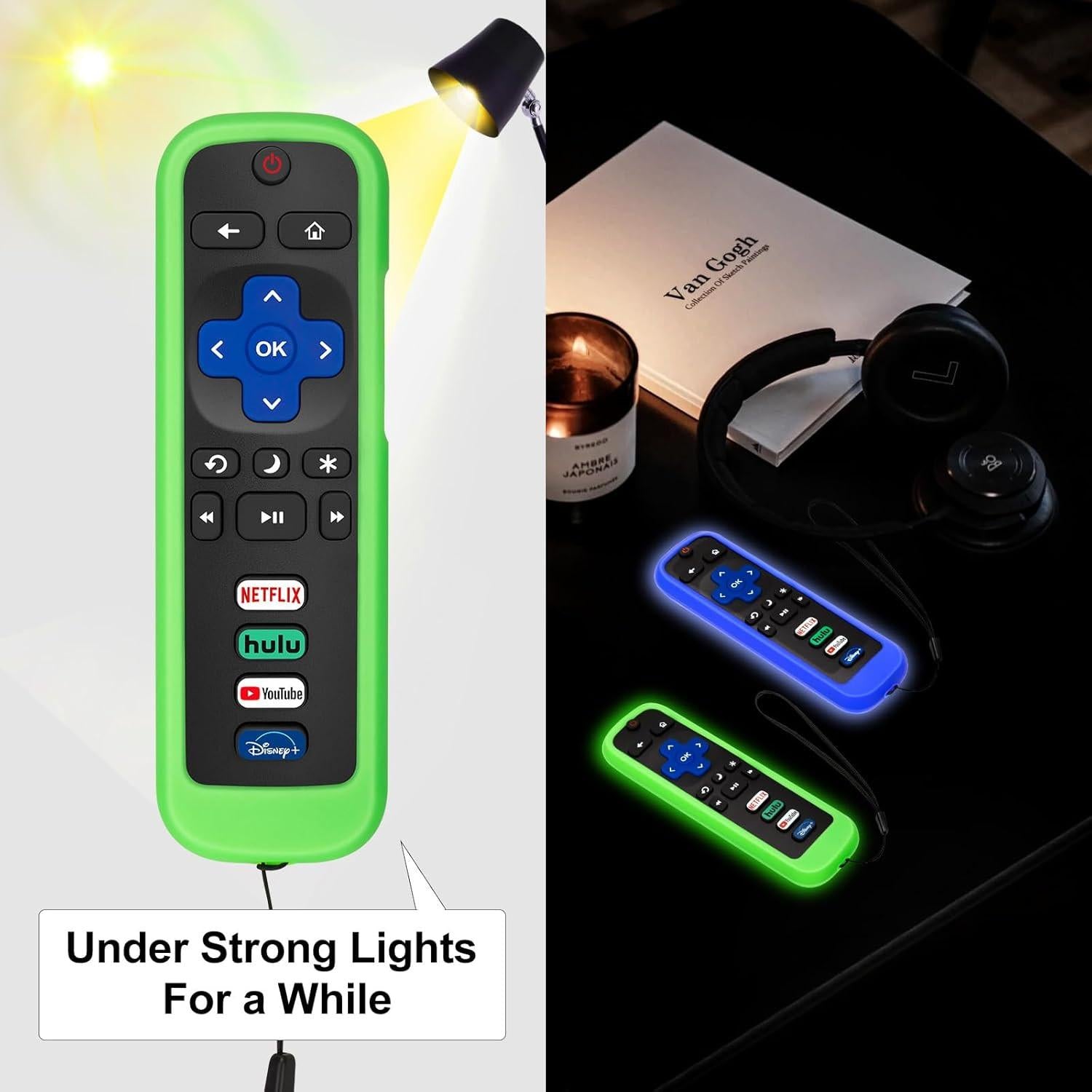 (Pack of 2) Remote Cover Case for Roku TV Remote Control/Silicone Protective Sleeve Skin - Glow in The Dark (Green/Blue).