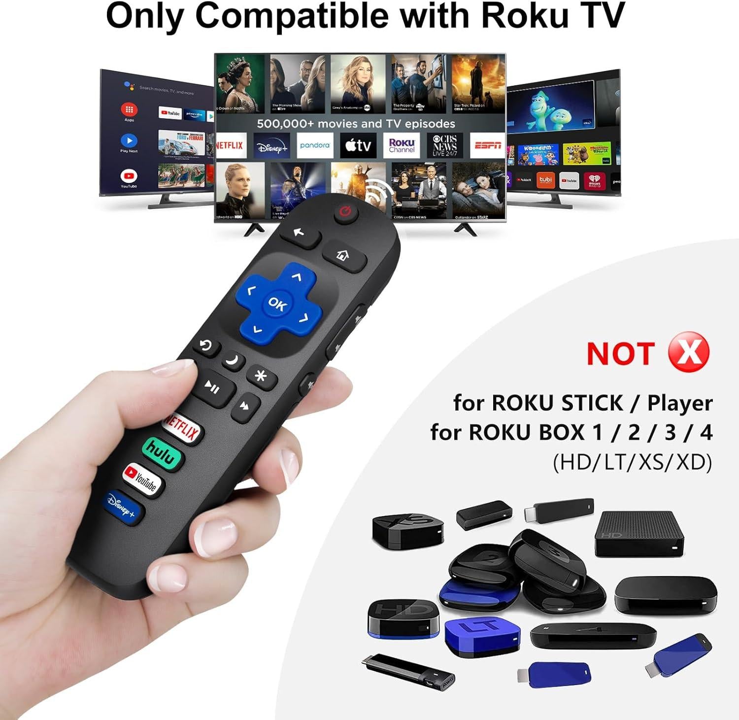 (Pack of 4) 2 Pack Replaced Remote Control only for Roku TV, 2 Pack Remote Control Cover for Roku Remote.