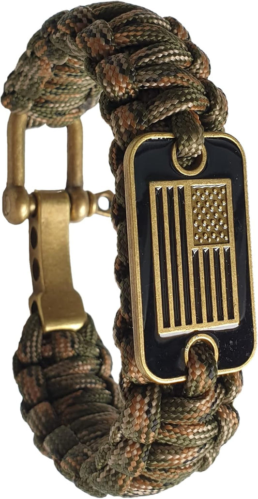 Paracord Bracelet - Tactical Survival Bracelet for Men with Bronze USA Flag - 3 Adjustable Sizes - Green Camo, L.