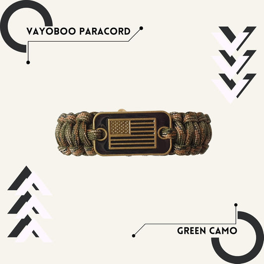 Paracord Bracelet - Tactical Survival Bracelet for Men with Bronze USA Flag - 3 Adjustable Sizes - Green Camo, L.