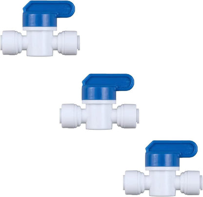 3 Pack Push-to-Connect Plastic Shut Off Valve Fitting (1/4-in OD x 1/4-in OD, Inline Straight Ball Valve), White+Blue.