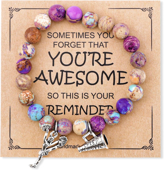 Cheer Bracelet, Imperial Stone Cheerleading Bracelet with Encouragement Card Charming Cheerleader Gifts Elegant Smooth Cheer Stuff with Cheerleader Jewelry Pendant.