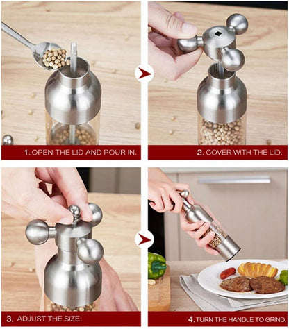 Salt and Pepper Grinder, Manual Stainless Steel Faucet Salt Shakers Mill with Handle, Refillable Adjustable Coarseness, for Home, Restaurant, BBQ,Gold,2PC
