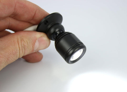 Micro Pivoting LED Spotlight - 1 Watt High Power LED Lamp - Tiny Size, Cool White LED, 12 to 28VDC.