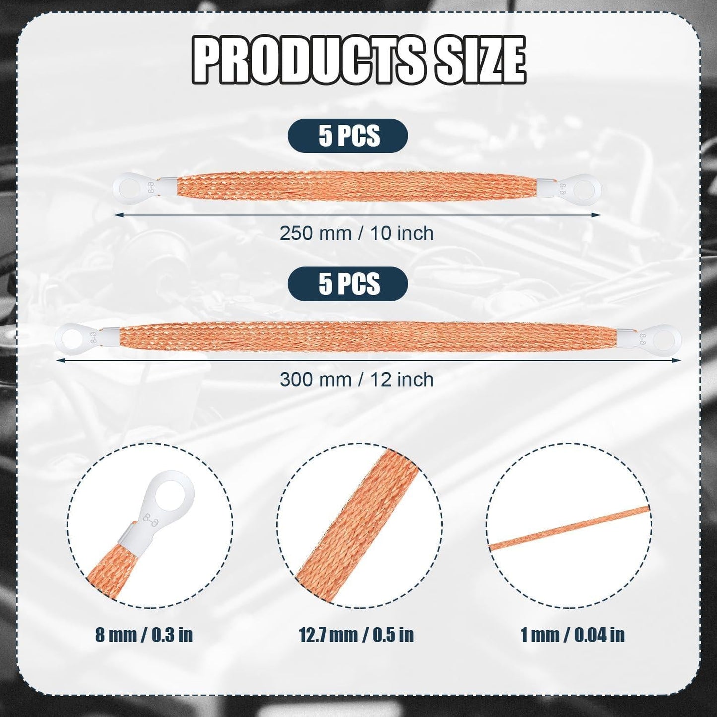 10pcs Universal Automotive Ground Straps, 10/12 inch Engine Ground Strap Kit Braided Copper Ground Straps Automotive Ground Strap Wire Ground Strap Connectors for Most Cars (Copper).