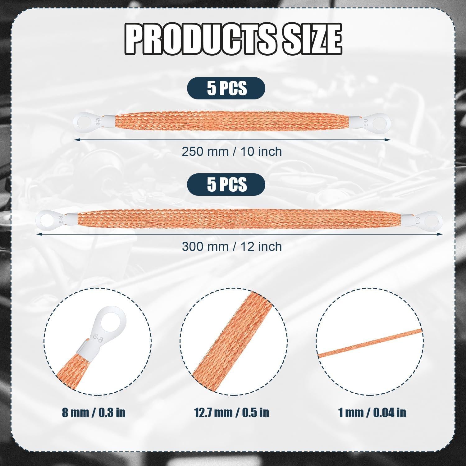 10pcs Universal Automotive Ground Straps, 10/12 inch Engine Ground Strap Kit Braided Copper Ground Straps Automotive Ground Strap Wire Ground Strap Connectors for Most Cars (Copper).