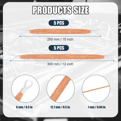 10pcs Universal Automotive Ground Straps, 10/12 inch Engine Ground Strap Kit Braided Copper Ground Straps Automotive Ground Strap Wire Ground Strap Connectors for Most Cars (Copper).