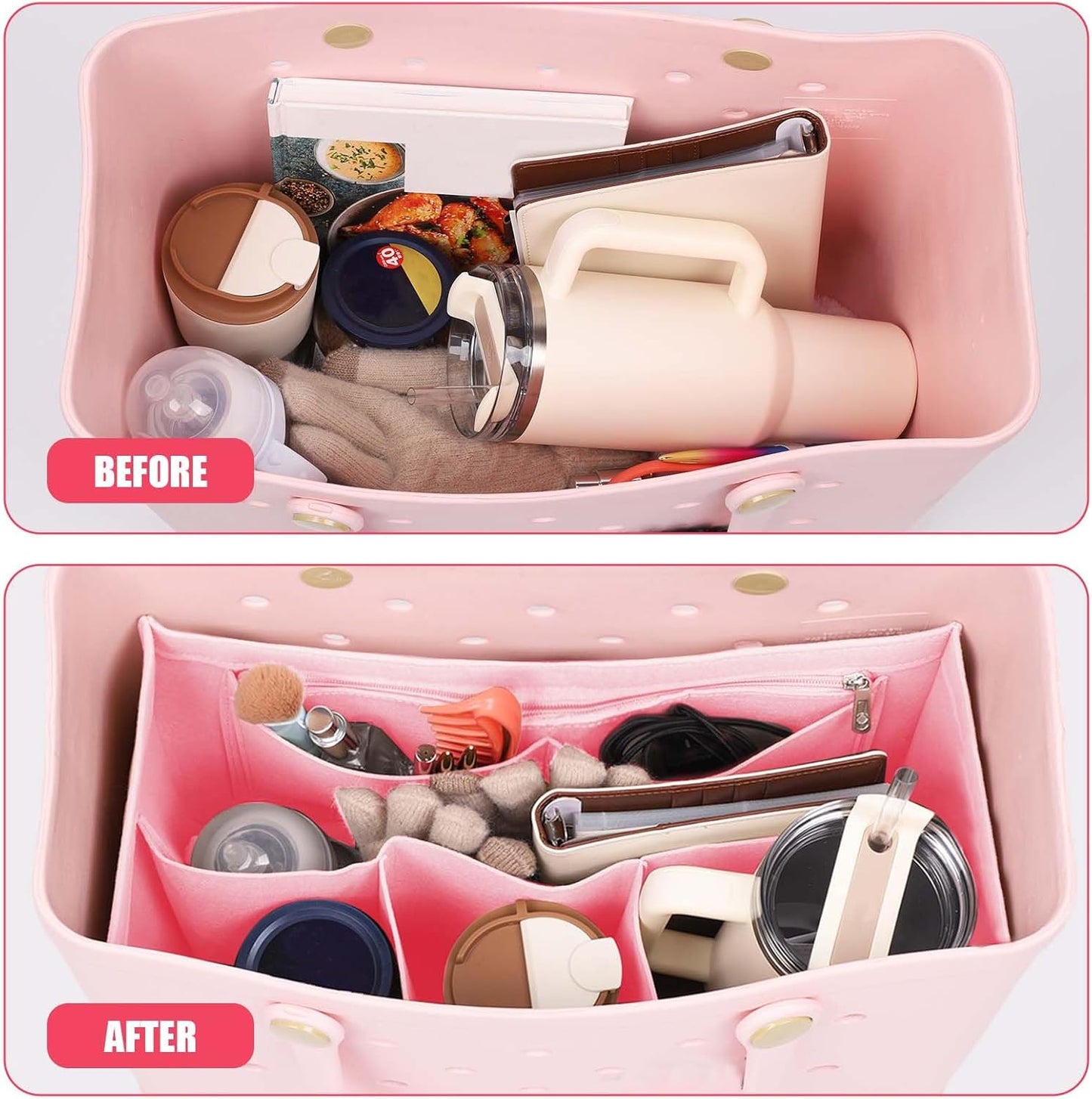 Rubber Beach Bag Organizer Compatible with Bogg Bag/Simply Southern Tote, Tote Organizer Insert Felt Bag Organizer Insert with 7 Pockets, Only for Bogg Bag XL Size (Pink)