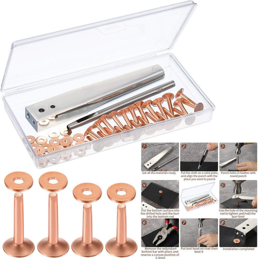 50 Pcs Copper Rivet and Burr 9 and #12 Copper Leather Brass Rivets Fastener Install Setting Tool with Hole Punch Cutter Kit for Belts Wallets Collars Leather Working Supplies.