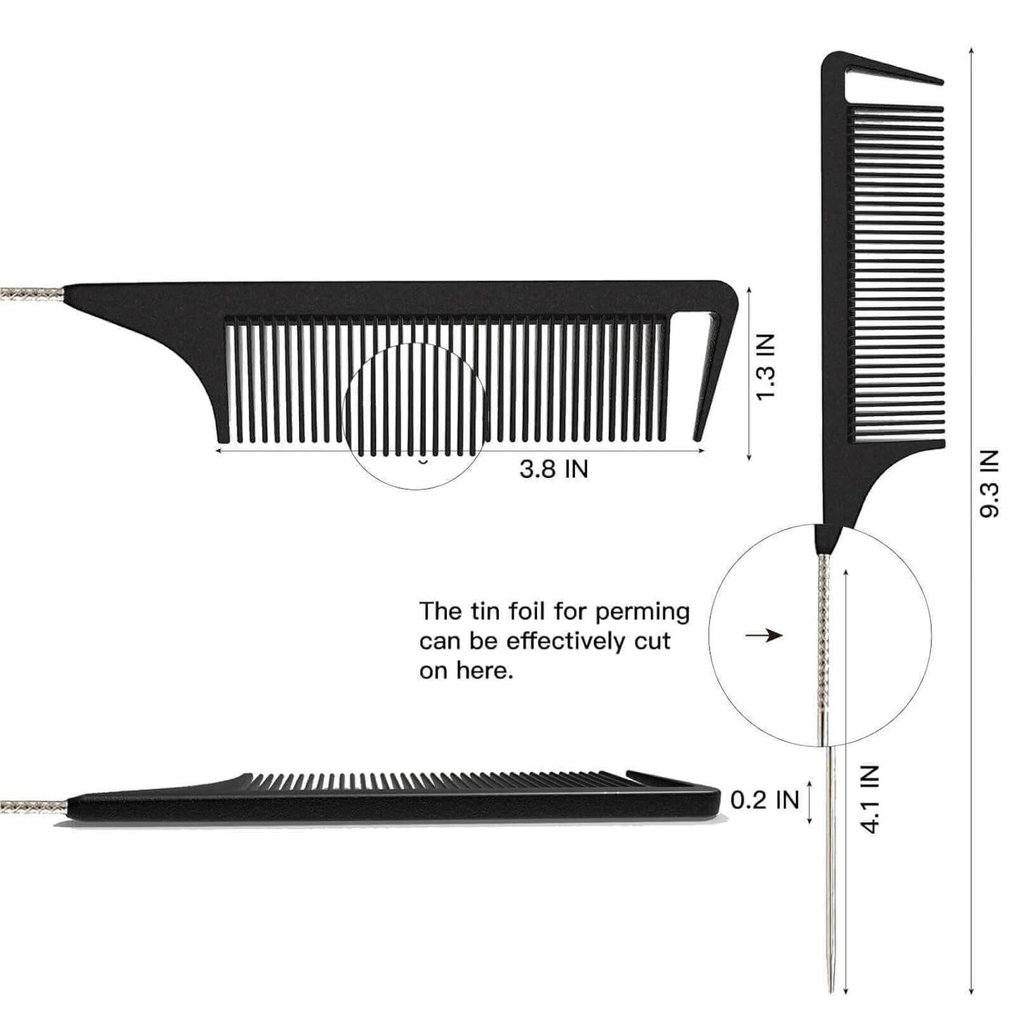 Hair Comb, Rat Tail Comb for Braiding Hair, Fine Tooth Hair Comb with Stainless Steel Pintail for Sectioning, Parting and Styling - Black
