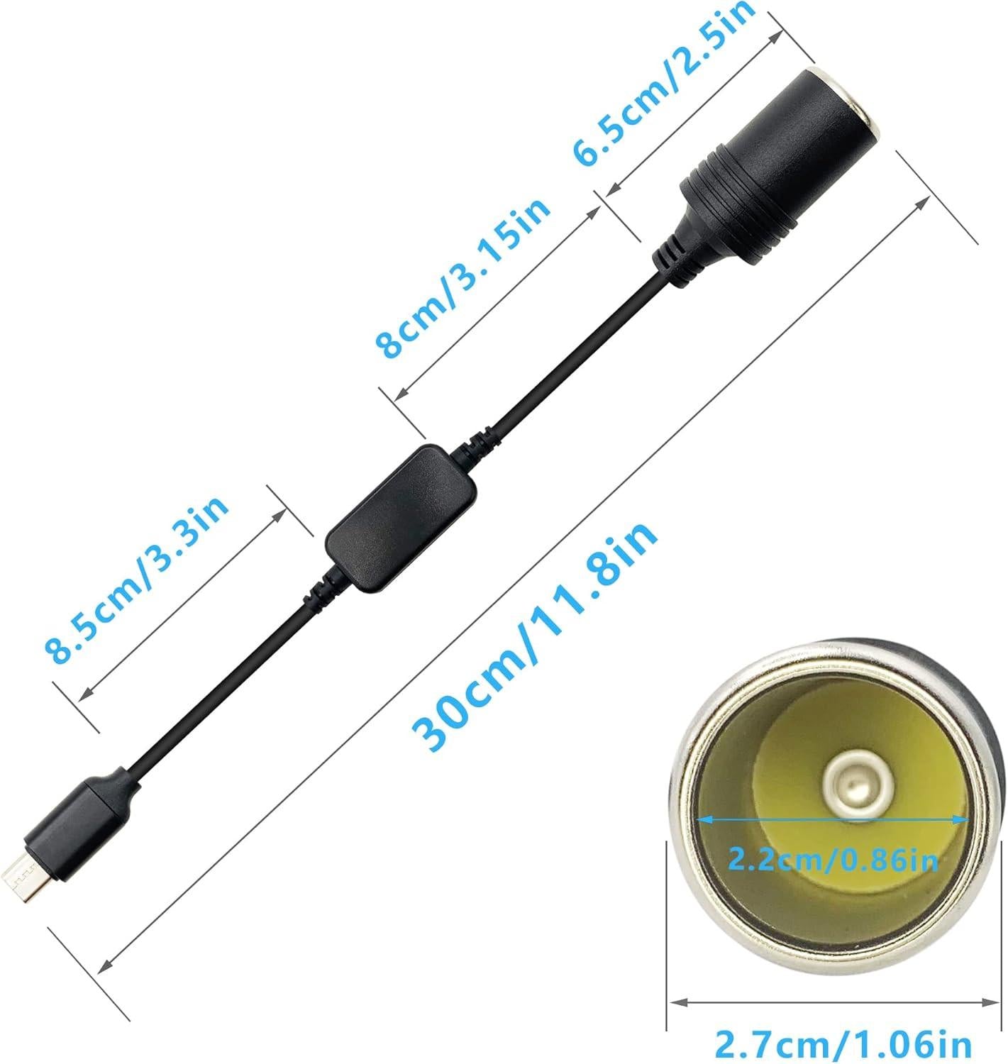 USB C Male to 12V Car Cigarette Lighter Socket Female Converter Cable 1 Ft,USB C to Cigarette Lighter Adapter for Dash Cam, GPS.
