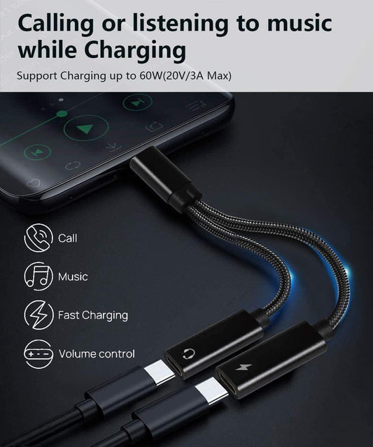 USB C Splitter, Dual USB C Headphones and Charger Adapter with PD 60W Fast Charging for iPhone 16/16Pro/16Pro Max, Pixel 8 7 6XL,Samsung Galaxy S25 S24 S23 S22+ Note 20 and More.