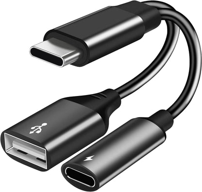 USB C OTG Adapter, 2 in 1 USB C Male to USB Female with 60W PD Charging Port Adapter Compatible with Galaxy S23 S22 Note 20, LG V40 V30, Google Pixel 6 XL,Google Chromecast with Google TV (Black).