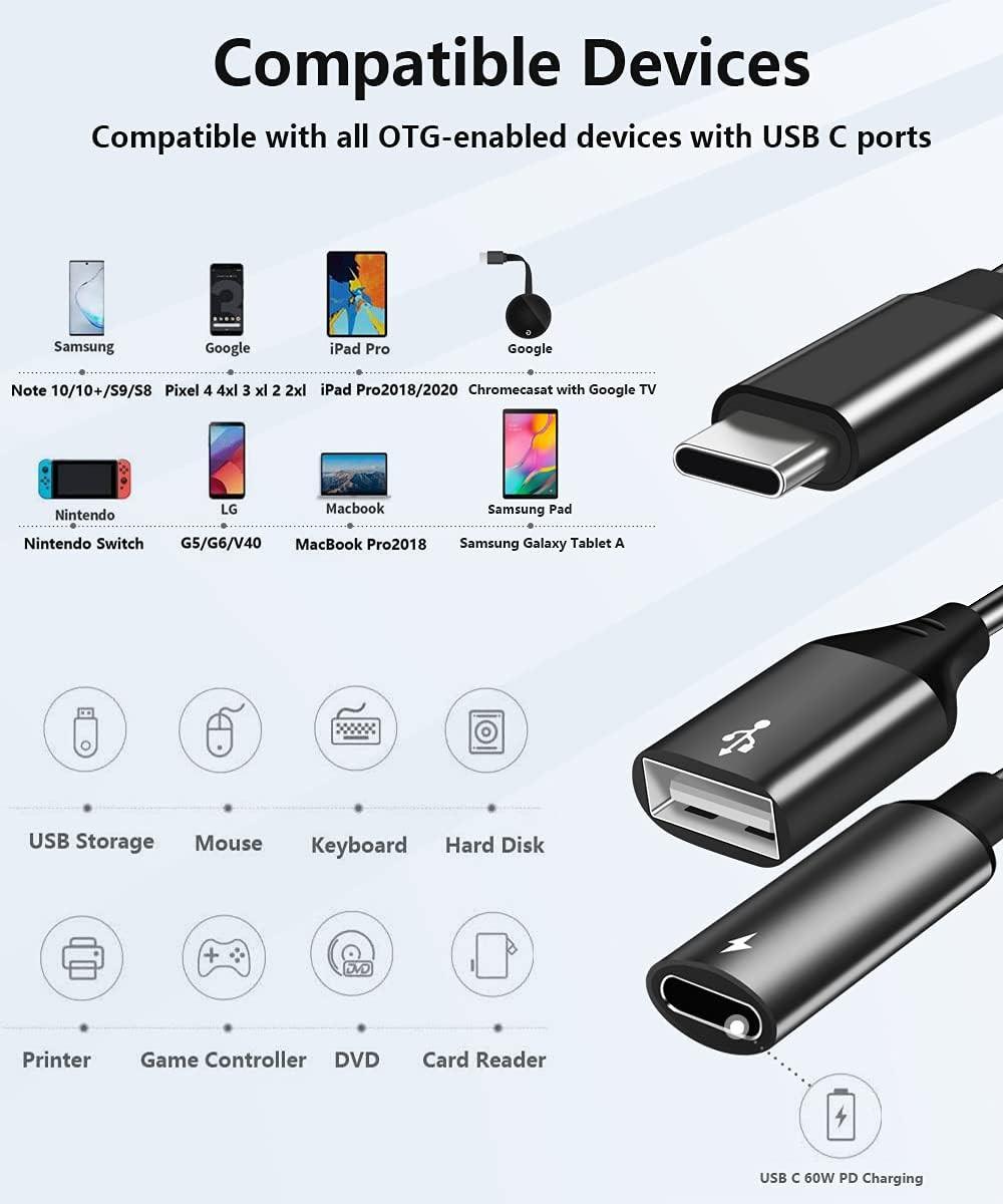 USB C OTG Adapter, 2 in 1 USB C Male to USB Female with 60W PD Charging Port Adapter Compatible with Galaxy S23 S22 Note 20, LG V40 V30, Google Pixel 6 XL,Google Chromecast with Google TV (Black).