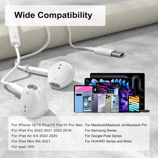 USB C Headphones Wired for iPhone 16/15 Series, for iPad Pro Air 5/4/Mini 6/iPad 10th, Type C Earbuds for MacBook Pro/air, Control Microphone, Volume, Music.