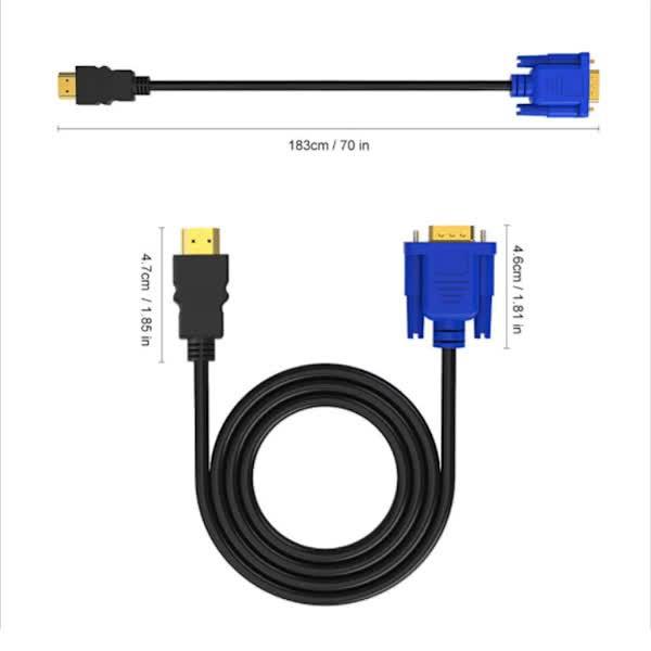 HDMI to VGA Cable 1.8m 1080P Full HD Support PC, Laptop, DVD, HD.