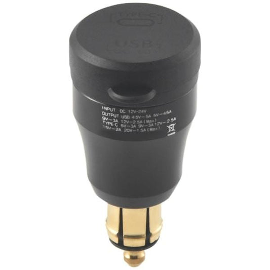 Motorcycle Waterproof Fast Charger with USB Type-C Port 12V/24V Qc3.0 Power Din Connector Black.