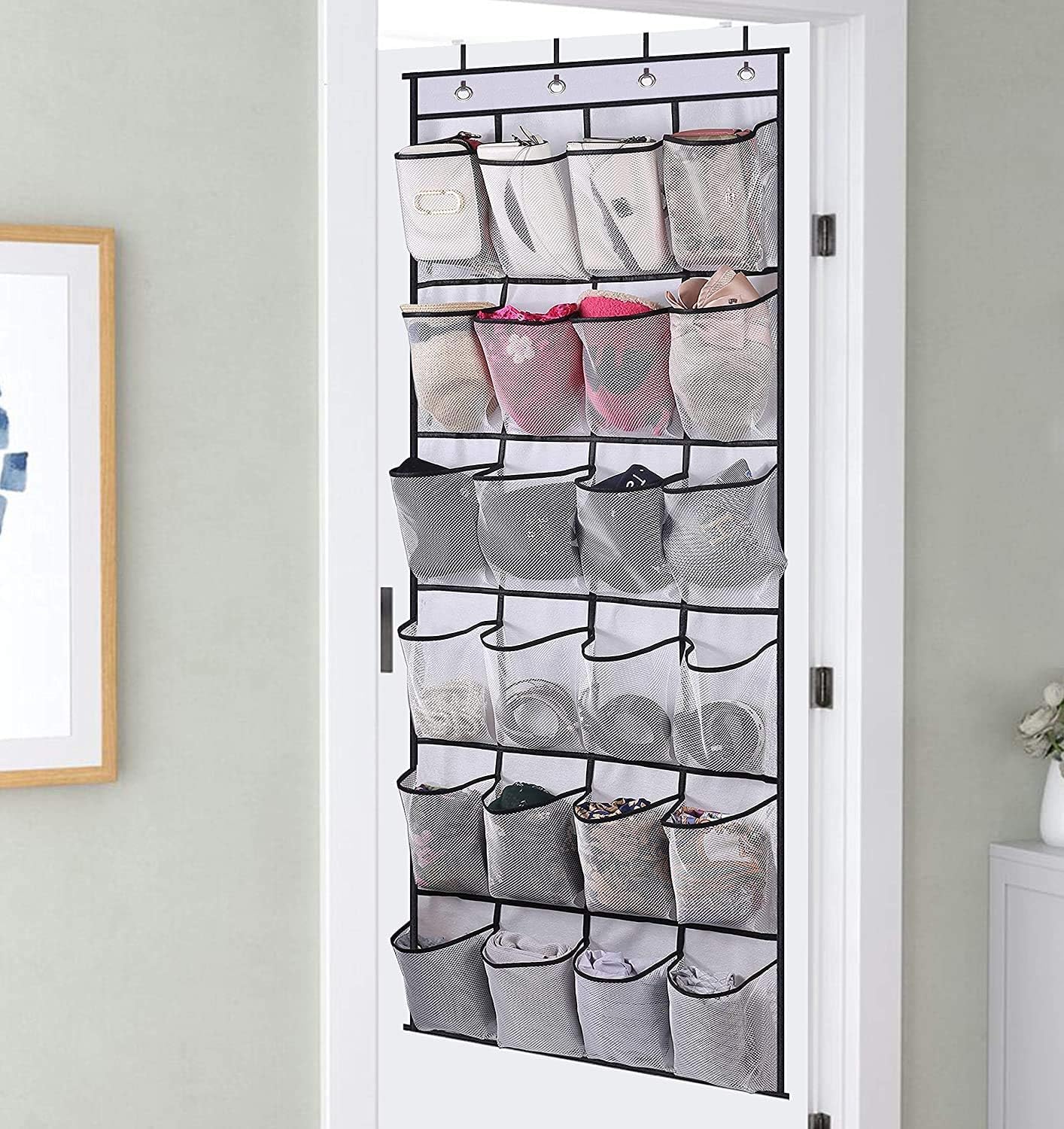 Over the Door Shoe Storage Organizer with 24 Large Mesh Pockets White