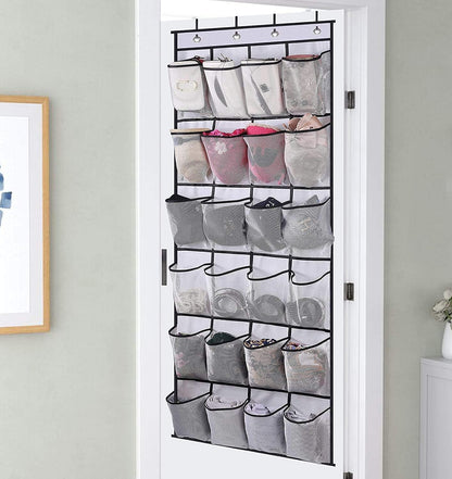 Over the Door Shoe Storage Organizer with 24 Large Mesh Pockets White