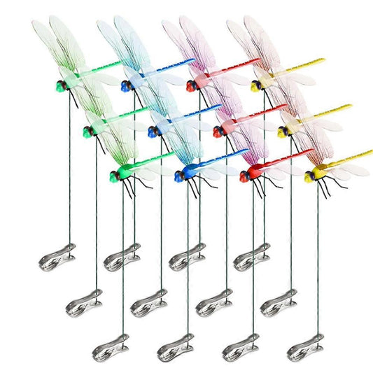 12pcs 3D Artificial Dragonfly Clips for Outdoor Garden Decor Gardening
