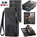 Compatible with Samsung Galaxy S25 Leather Magnetic Zipper Wallet Case 2-in-1 Detachable Flip Cover with Card Holder iPhone 16 Black.