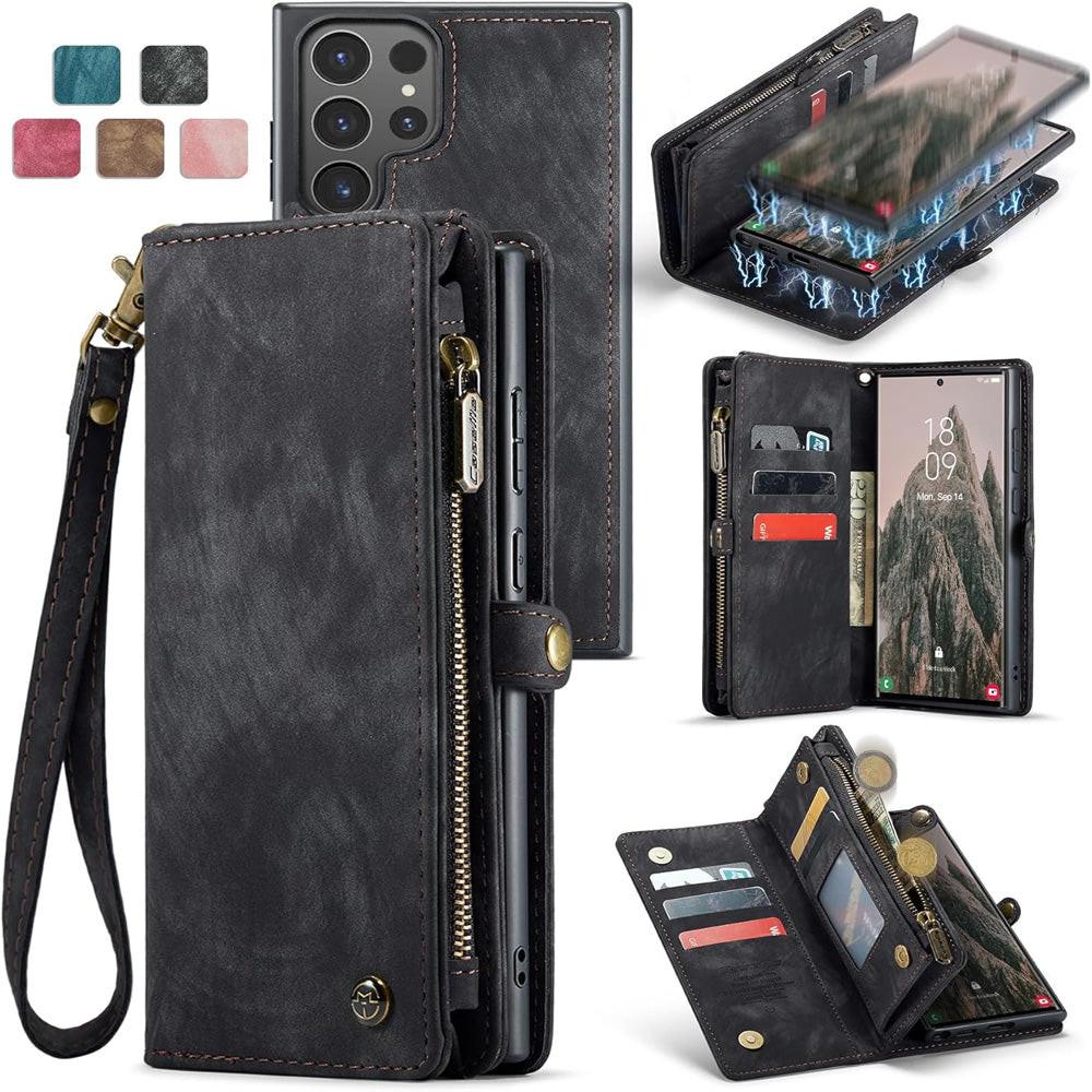 Compatible with Samsung Galaxy S25 Leather Magnetic Zipper Wallet Case 2-in-1 Detachable Flip Cover with Card Holder iPhone 16 Black.
