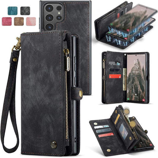 Compatible with Samsung Galaxy S25 Leather Magnetic Zipper Wallet Case 2-in-1 Detachable Flip Cover with Card Holder iPhone 16 Black.