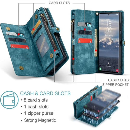 iPhone 16 Pro Max Leather Wallet Case with Magnetic Zipper, Detachable 2-in-1 Flip Cover with Card Holder Compatible with iPhone 16 Pro Max in Dark Pink.