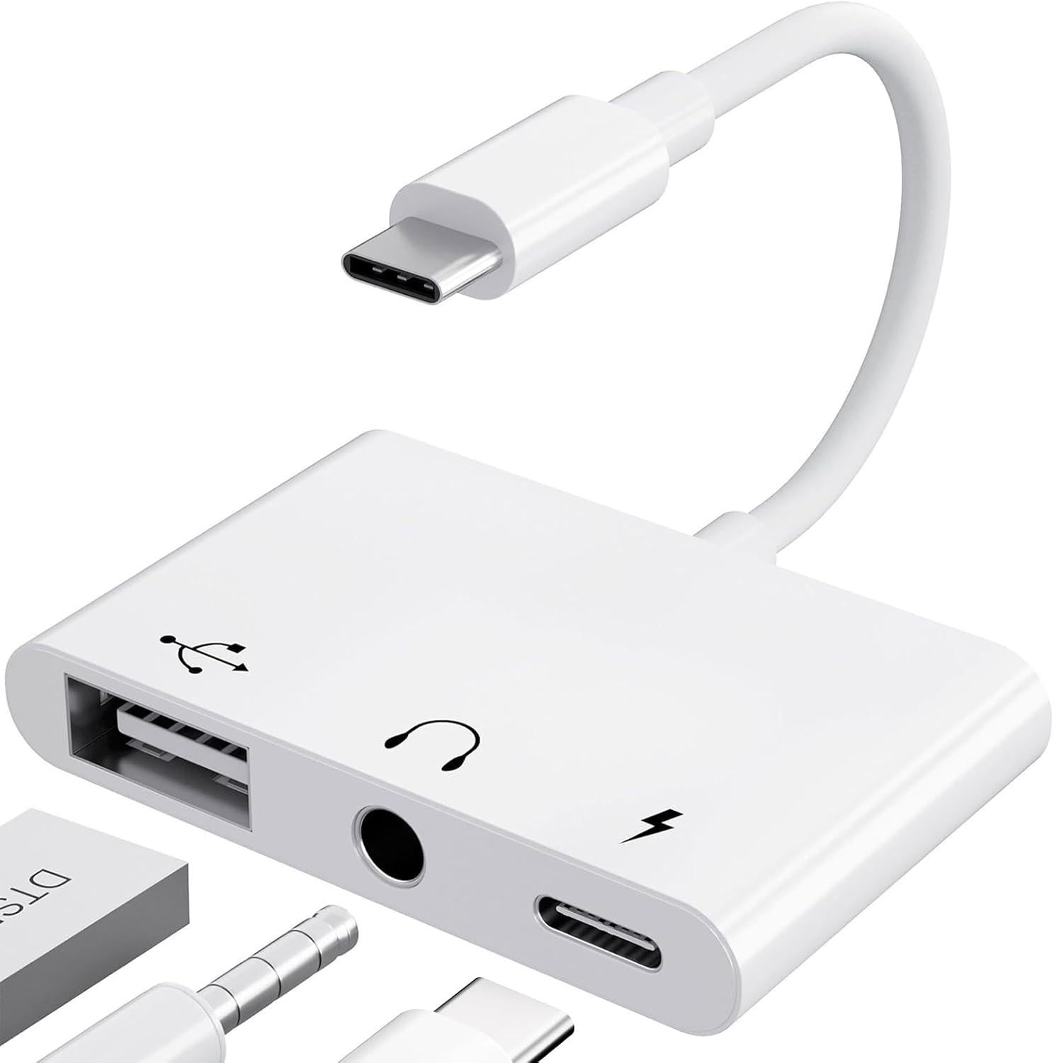 USB C to 3.5mm Jack Audio Adapter with Fast Charging OTG White.