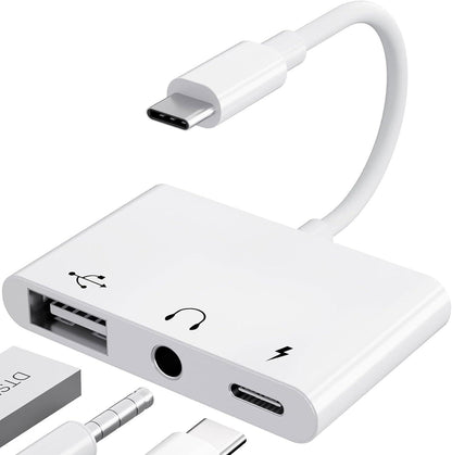 USB C to 3.5mm Jack Audio Adapter with Fast Charging OTG White.