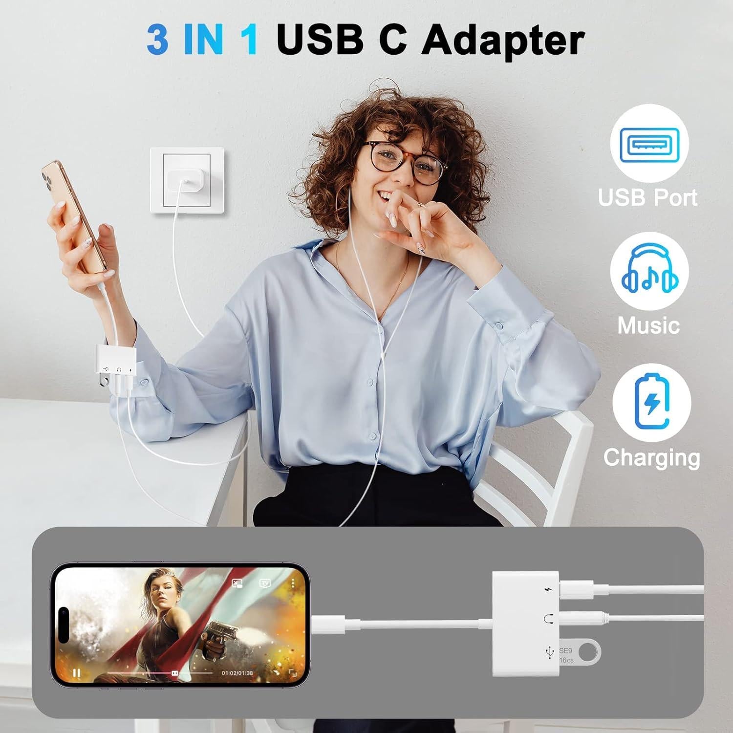 USB C to 3.5mm Jack Audio Adapter with Fast Charging OTG White.