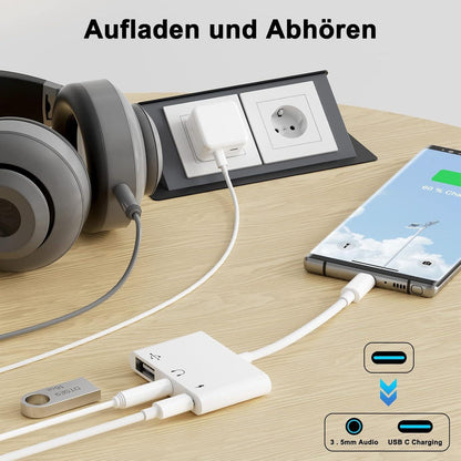 USB C to 3.5mm Jack Audio Adapter with Fast Charging OTG White.