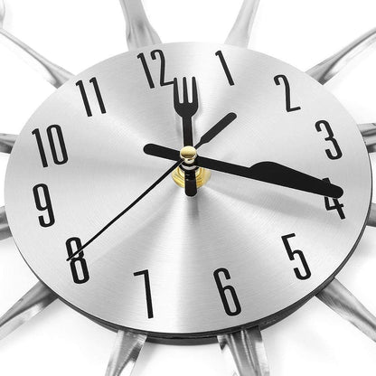 Metal Kitchen Cutlery Wall Clock 14 Inch with Fork Spoon 3D Non Ticking Quartz Watch Clock for Bedroom Home Decor,Silver