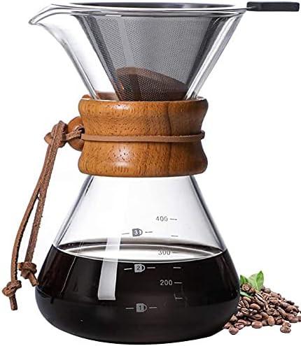 Pour Over Coffee Maker,Reusable Glass Coffee Pot Manual Dripper Brewer Hand Drip with Stainless Steel Filter for Home Travel (14 oz/400 ml).