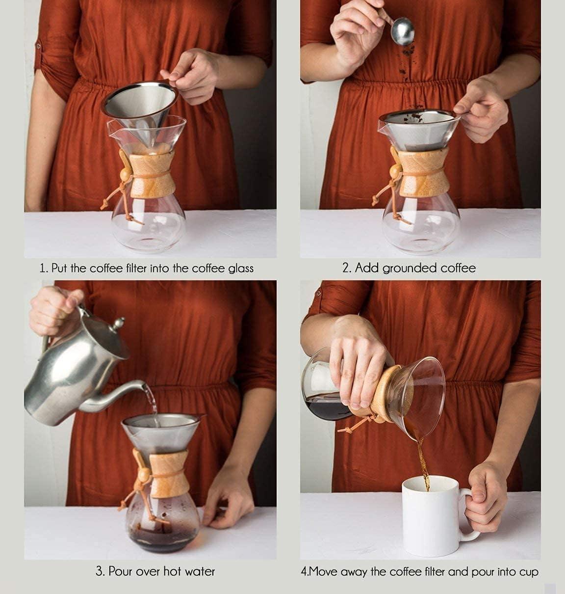 Pour Over Coffee Maker,Reusable Glass Coffee Pot Manual Dripper Brewer Hand Drip with Stainless Steel Filter for Home Travel (14 oz/400 ml).