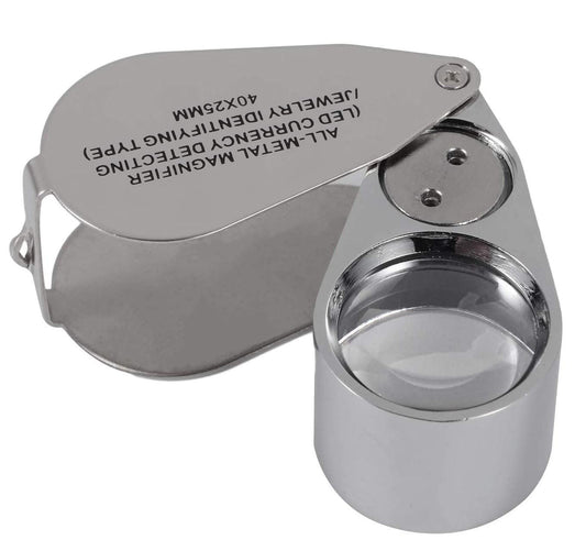 Jewelers Loupe 40X Magnification Metal Foldable Loupe with LED & UV Light.