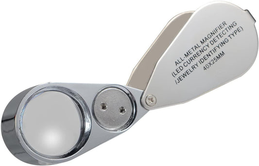 Jewelers Loupe 40X Magnification Metal Foldable Loupe with LED & UV Light.