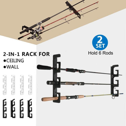Fishing Rod Holders for Wall and Ceiling, Set of 6, 0.46 Size, Black, Garage Storage.