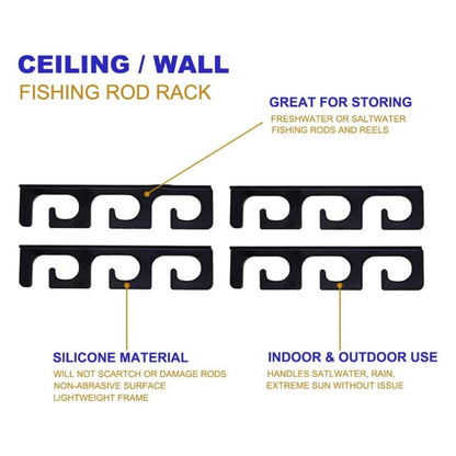 Fishing Rod Holders for Wall and Ceiling, Set of 6, 0.46 Size, Black, Garage Storage.