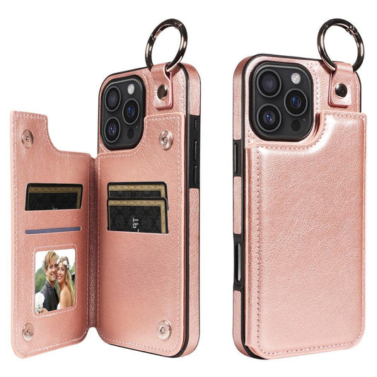 Compatible with Apple iPhone 16 Pro Max Case with Ring and Card Holder, PU Leather, Rose Gold Pink, Skalo.