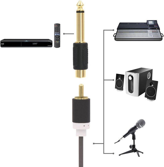 Audio Adapter 6.35mm Mono Male to RCA Female Cable Connector 6-Pack Compatible with Audio Equipment.