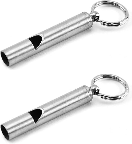 2PCS Mini Stainless Steel Survival Whistle Perfect for Camping, Hiking and Boating Loud Emergency Whistle with Far Distance Rang for Sporting Events and Call Your Dogï¼Keychain Included.