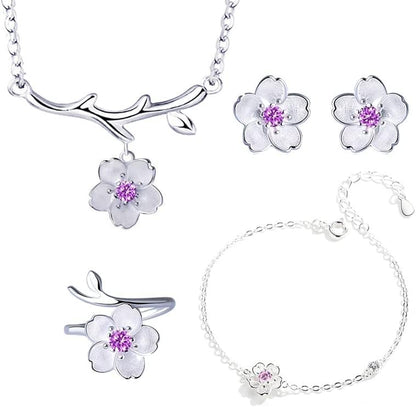 925 Sterling Silver Jewelry Sets Romantic Cherry Blossoms Flower Necklace+Earrings+Ring+Bracelet For Women Gift
