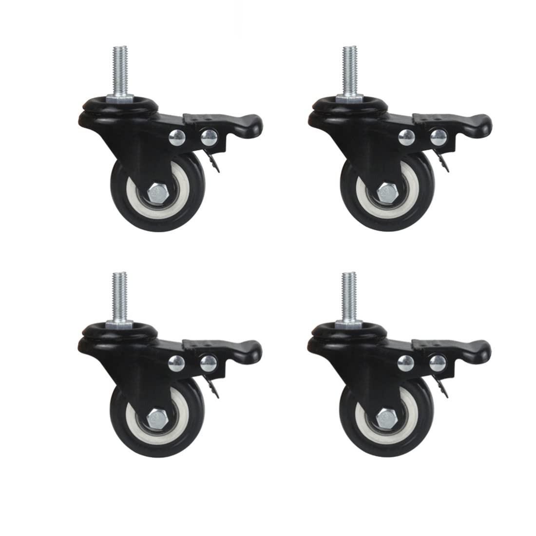 4Pcs 1.5 Inch Heavy Duty Caster Wheels Swivel Casters with Brake and M8 Threaded Stem, Loading 50kg/110lbs Black Rubber.