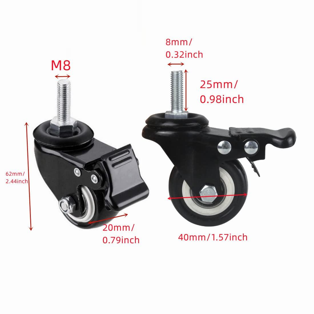 4Pcs 1.5 Inch Heavy Duty Caster Wheels Swivel Casters with Brake and M8 Threaded Stem, Loading 50kg/110lbs Black Rubber.
