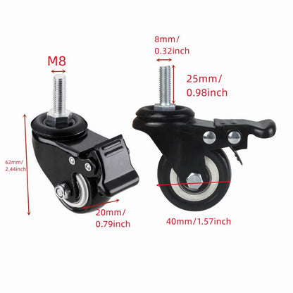4Pcs 1.5 Inch Heavy Duty Caster Wheels Swivel Casters with Brake and M8 Threaded Stem, Loading 50kg/110lbs Black Rubber.