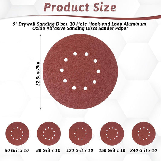 50 Pcs 9-Inch 10-Hole Drywall Sanding Discs Set, 10 Each of 60 80 120 150 240 Grits Hook-and-Loop Sanding Discs for 9" Drywall Sander, Wood Furniture Finishing.