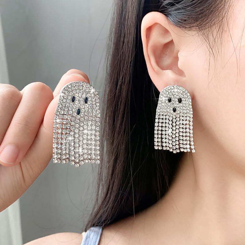 Ghost Earrings For Women, Silvery Dangling Tassel Earring With Cubic Zirconia Lovely Halloween Jewelry Gift