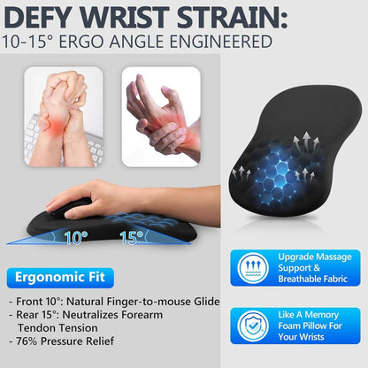Ergonomic Mouse Pad with Wrist Rest, Dual-Slope Design for Pain Relief- Large 12x8 Inch Size with Reinforced Memory Foam & Non-Slip Base for Office Desk/Gaming (Black).