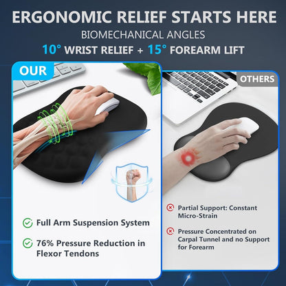 Ergonomic Mouse Pad with Wrist Rest, Dual-Slope Design for Pain Relief- Large 12x8 Inch Size with Reinforced Memory Foam & Non-Slip Base for Office Desk/Gaming (Black).